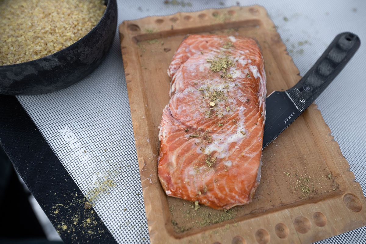 Arctic char, barley, pepper and onion