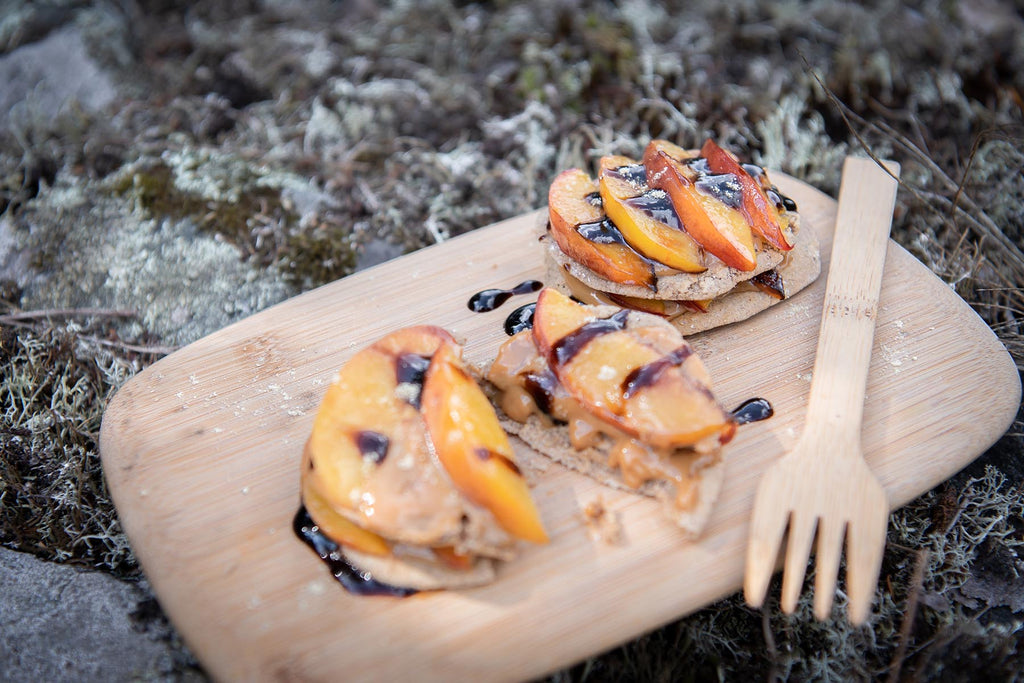 Dessert of caramelised nectarines, rough oat cakes with dulce de leche, blueberry balsamic