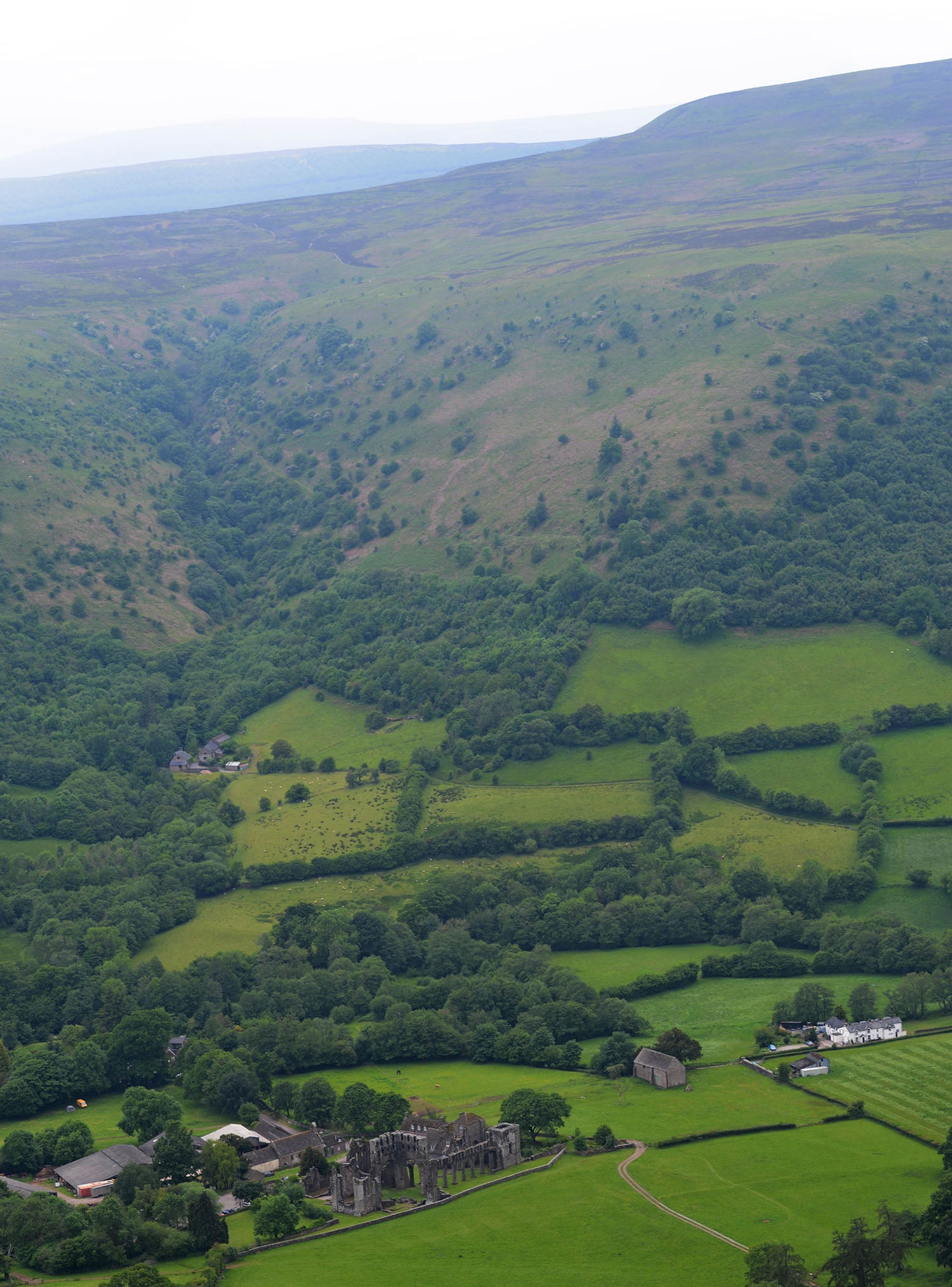 View down to Llanthony priory from Hatterall Ridge