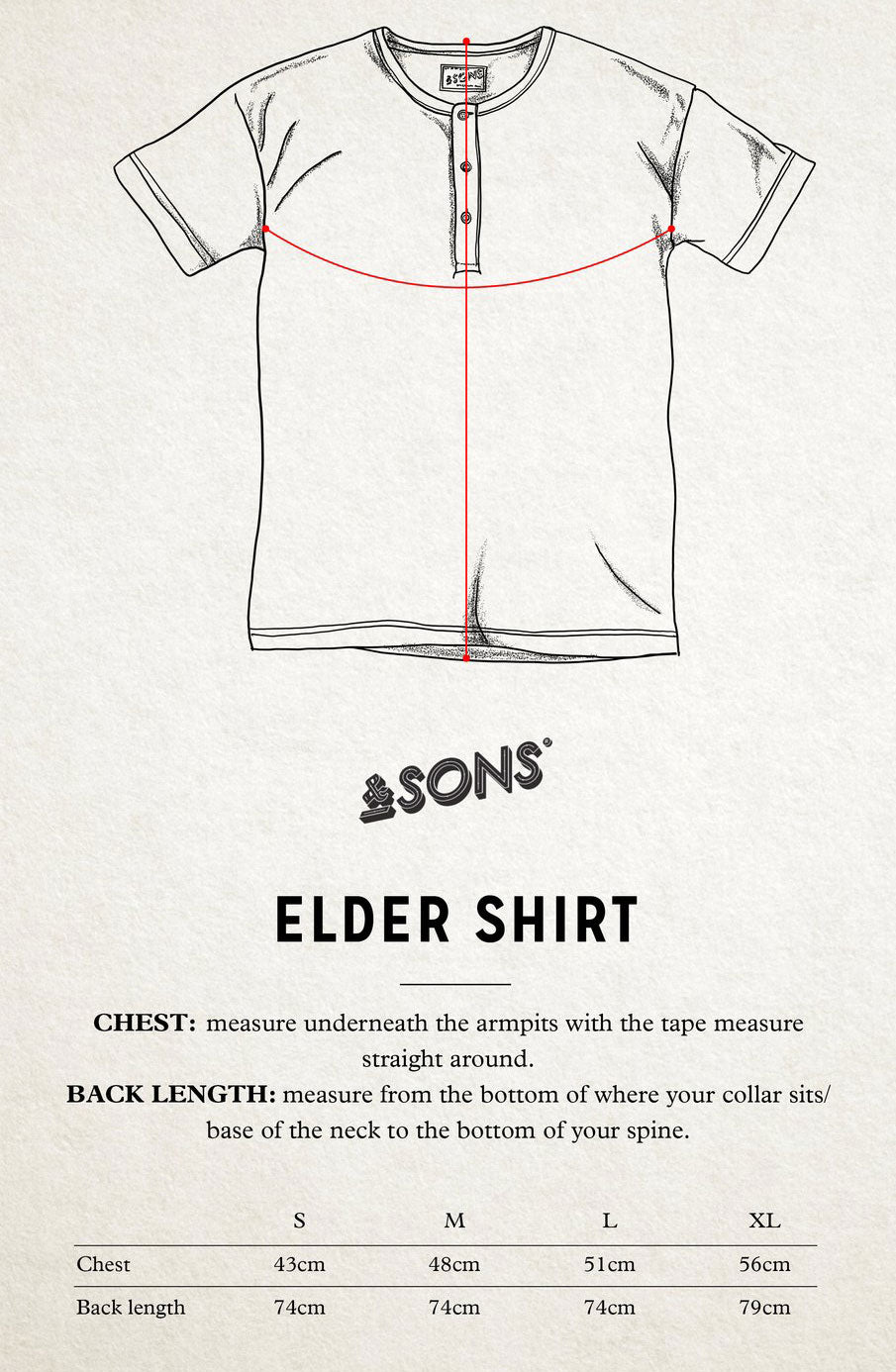 &SONS Elder Grandad Short Sleeve Size Guide