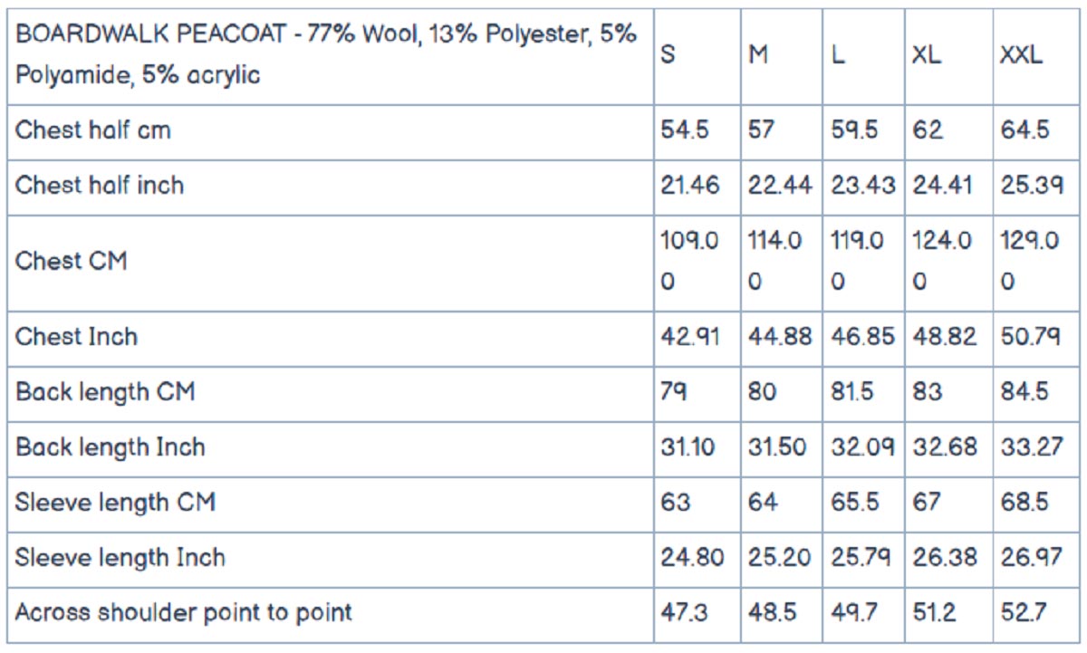 &SONS Boardwalk Peacoat Size Guide