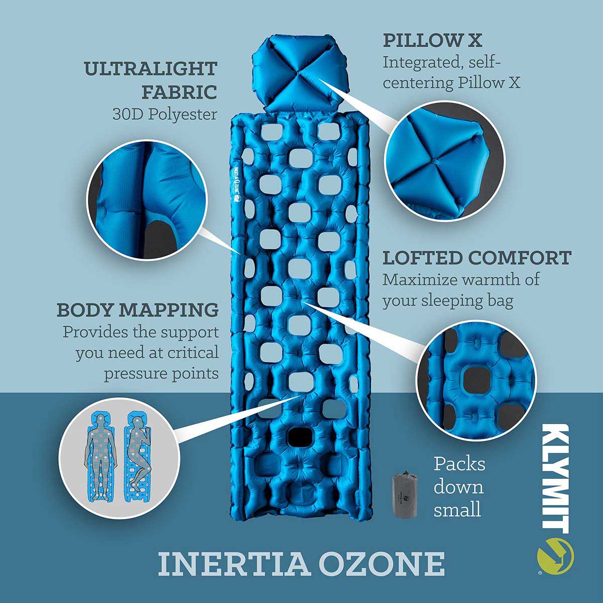 klymit inertia ozone sleeping pad blue overview