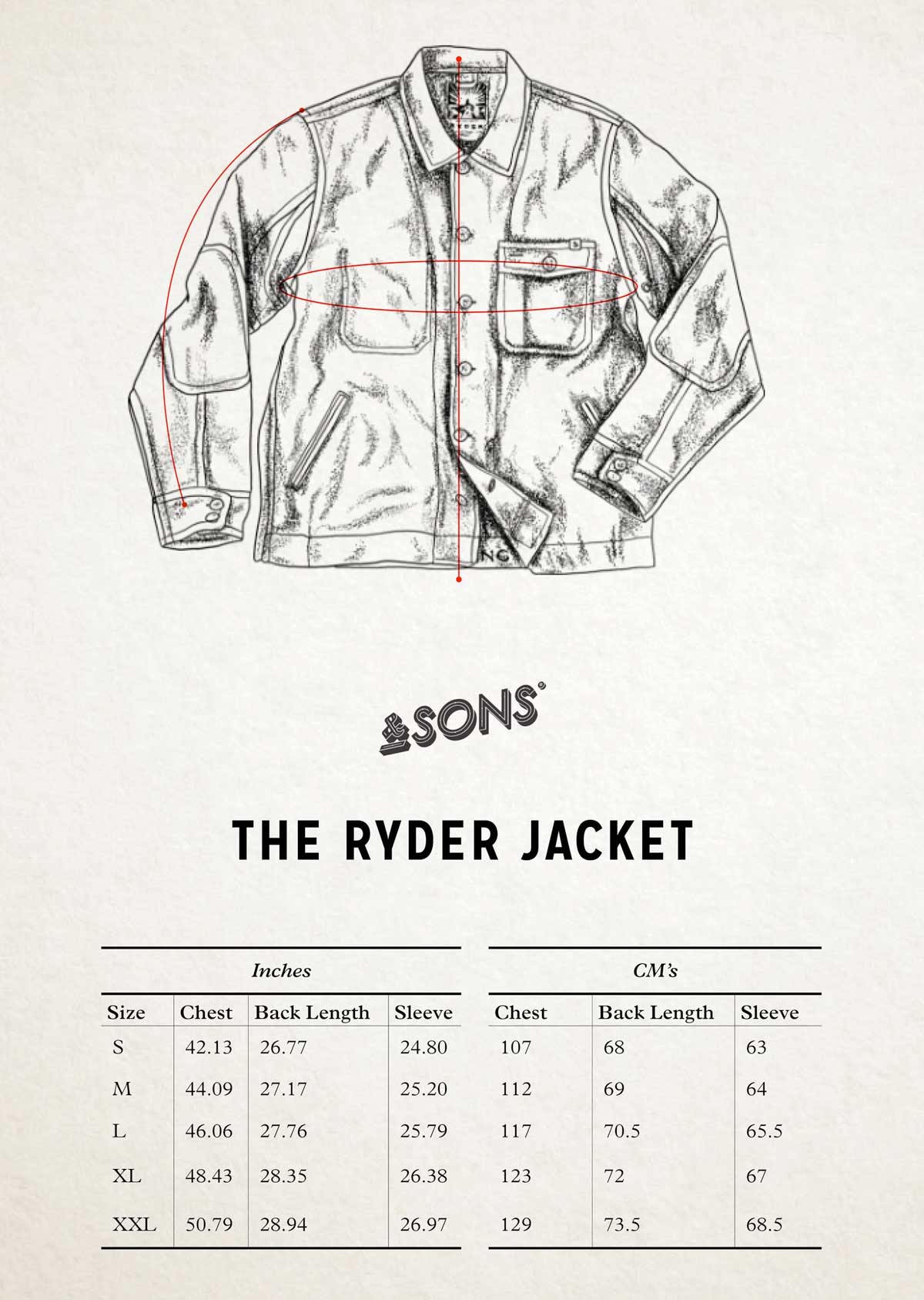&SONS Ryder Jacket Size Chart