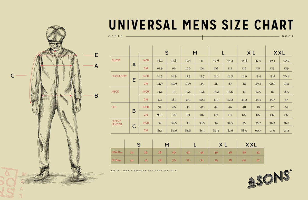 &SONS Universal Mens Size Chart