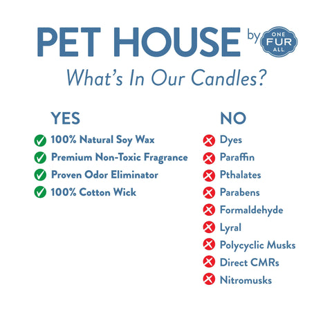 Pet House candles are hand-poured, and made from 100% natural, dye-free soy wax. Comes in an 8.5 oz. glass jar. Fragrance profile is a soothing aroma of French lavender, green tea, white lily, citrus, melon, and sage.