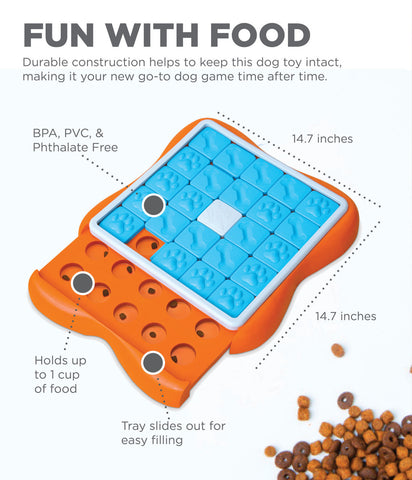 The Challenge Slider dog puzzle helps reduce destructive behavior and fights boredom by keeping your dog busy exercising their mind. Ideal for dogs who have mastered levels 1-2 of the Nina Ottosson puzzle line. Puzzle features a sliding tray with 24-compartments that pulls out from underneath and holds 1 cup of dry food.