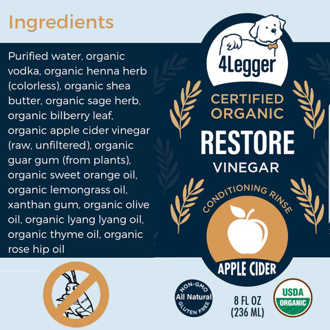 Packed with beneficial organic herbs and essential oils, the USDA Organic Apple Cider Vinegar Conditioning Rinse from 4-Legger will improve skin and coat condition and restore the natural skin and coat balance.