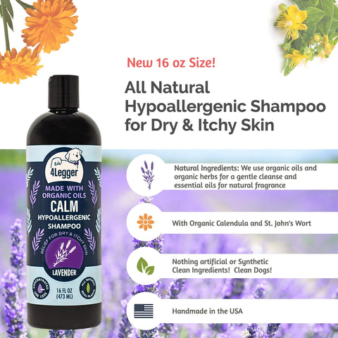 Provide relief of painful inflamed skin and encourage healing with this hypoallergenic and USDA Organic dog shampoo from 4-Legger.