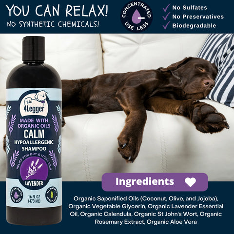 Provide relief of painful inflamed skin and encourage healing with this hypoallergenic and USDA Organic dog shampoo from 4-Legger.