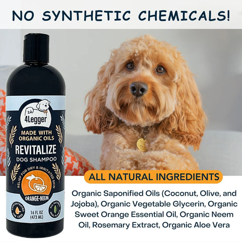 Provide relief of red, itchy, and inflamed skin and promote the production of collagen to reduce inflammation and repair damaged skin with this hypoallergenic and USDA Organic dog shampoo from 4-Legger.