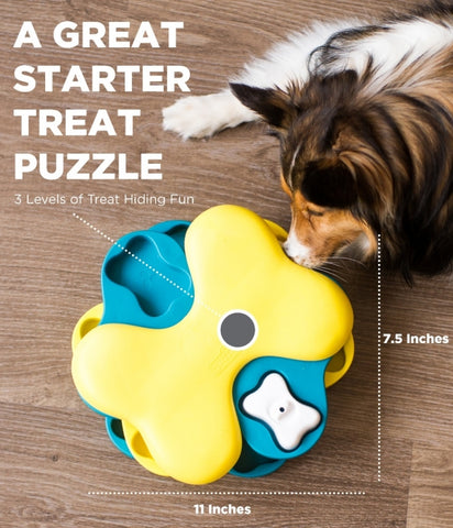The Dog Tornado puzzle helps reduce destructive behavior and fights boredom by keeping your dog busy exercising their mind. Puzzle has 3 tiers and twelve hidden food compartments that encourage your dog to spin the tiers to reveal compartments.