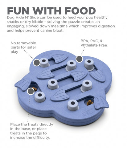 The Dog Hide n' Slide puzzle is a positive activity that will strengthen the human/canine bond. Fun for all dogs, regardless of age, size, or breed. Puzzle is made from a non-toxic composite material that is easy to clean! No removable parts.