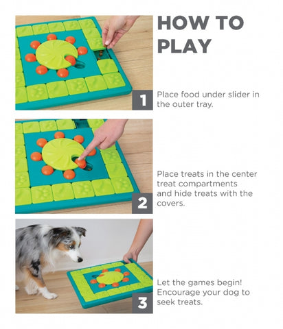 The MultiPuzzle dog puzzle is ideal for dogs who have mastered levels 1-3 of the Nina Ottosson puzzle line. Puzzle features a treat tray and 8 treat compartments with sliding blocks, covers, and locking inner wheel. Your dog will enjoy pawing, sniffing, and nudging the blocks around to reveal the hidden treats.