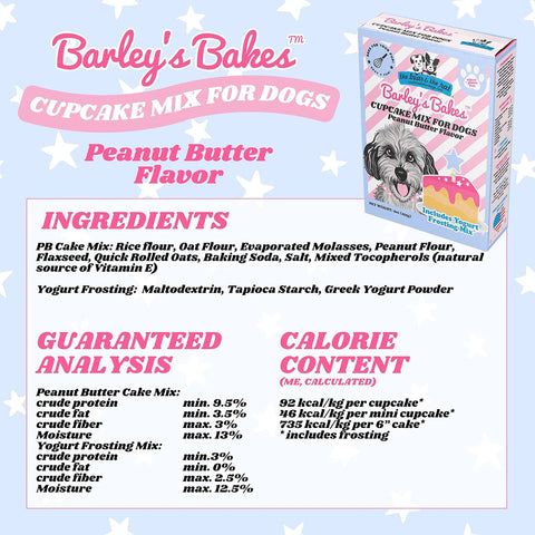 Do you know what time it is? It's PAWTY time! Grab a box of Barley's Bakes, an all-natural pupcake mix for dogs. Perfect for a birthday or gotcha day celebration, or just because! Now it is easy and fun to create a delectable dessert for your dog. Just add water, oil, and an egg to the mix and bake.