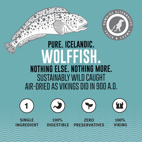 Icelandic+ Wolffish chews are sustainably wild-caught, 100% natural, and free of additives or preservatives. Wolffish skin is very dense, making it a great alternative and nutritious chew that dogs find irresistible.