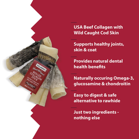 Icelandic+ Rolled Beef Collagen Stick with Cod Skin is a 100% digestible, long-lasting chew that will satisfy and entertain the pickiest dogs. Each chew is made from all-natural USA raised beef and hand-wrapped with a tasty wild-caught Atlantic cod skin.