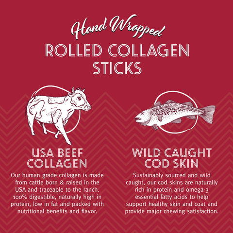 Icelandic+ Rolled Beef Collagen Stick with Cod Skin is a 100% digestible, long-lasting chew that will satisfy and entertain the pickiest dogs. Each chew is made from all-natural USA raised beef and hand-wrapped with a tasty wild-caught Atlantic cod skin.