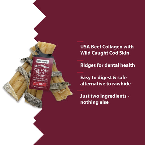 Icelandic+ Beef Collagen Dental Chew with Cod Skin is a 100% digestible, long-lasting chew that will satisfy and entertain the pickiest dogs. Each chew is made from all-natural USA raised beef and hand-wrapped with a tasty wild-caught Atlantic cod skin.