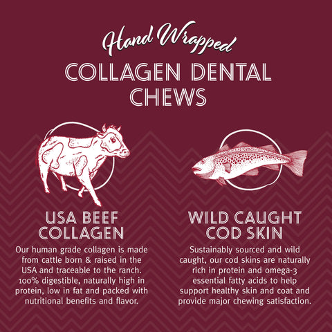 Icelandic+ Beef Collagen Dental Chew with Cod Skin is a 100% digestible, long-lasting chew that will satisfy and entertain the pickiest dogs. Each chew is made from all-natural USA raised beef and hand-wrapped with a tasty wild-caught Atlantic cod skin.