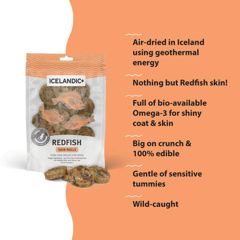 Icelandic+ Redfish Skin Rolls are sustainably wild-caught, 100% natural, and free of additives or preservatives.