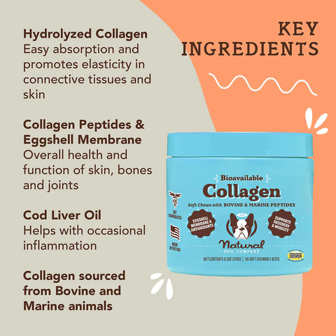 Ensure your dog stays active and flexible with Collagen chews packed with natural ingredients designed to support their overall health and vitality. These daily chews offer a range of benefits, from strengthening tendons and supporting muscle recovery to reducing joint stiffness and discomfort after exercise.