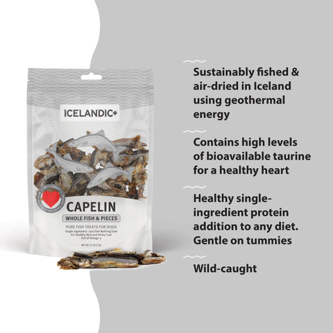 Icelandic+ Capelin Whole Fish treats are sustainably wild-caught, 100% natural, and free of additives or preservatives.