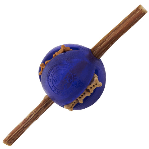 Guru is an ultra-durable interactive toy features five different openings to hide treats. This toy is designed to release treats only when your dog has applied enough pressure for the treats to pop out. Dogs will need to chew and squeeze the ball to release the treats.