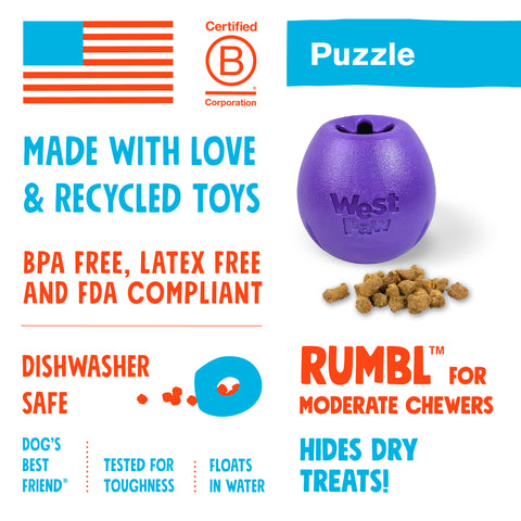 Rumbl is a super bouncy and crazy fun treat-dispensing puzzle toy with a playful wobble that adds excitement and increases engagement. Toy floats and dogs love the chewy resistance of the hollow construction. The unique "fish trap" opening makes for easy loading, yet keeps treats inside.