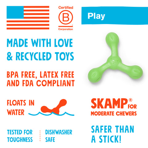 Skamp is a three-lobe shaped toy that is ready for toss, fetch, or tug-o-war. Toy floats and can fly far when tossed. Dogs love its bounce back resistance. Built for moderate chewers and made from Zogoflex, a bendy, stretchy, and bouncy material that is durable but not rigid. Toys are gentle on your dog's teeth.