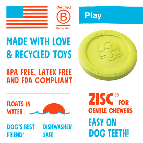 Zisc is a lightweight, high-flying, and durable frisbee. Toy floats and flies far. Frisbee is soft and pliable, making it gentle on dog teeth and gums. Built for gentle chewers and made from Zogoflex, a bendy, stretchy, and bouncy material that is durable but not rigid. Toys are gentle on your dog's teeth.