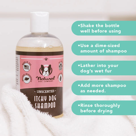 The hypoallergenic formula of the Itchy Dog Shampoo is perfect for washing away surface-level irritants while providing soothing relief to your dog's itchy skin. Made with 100% natural, pet-safe ingredients that work together to give your dog a clean coat and healthy, healed skin.