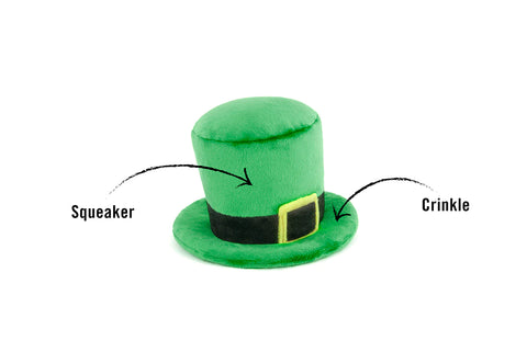 Celebrate St. Patrick's Day in style with this whimsical Leprechaun Hat from P.L.A.Y. Toy makes crinkle and squeak noises for hours of interactive fun! Turn your dog's toy into a wearable hat by securing a strap to the built-in loops. Now it's time for an adorable photo-op with your dog!