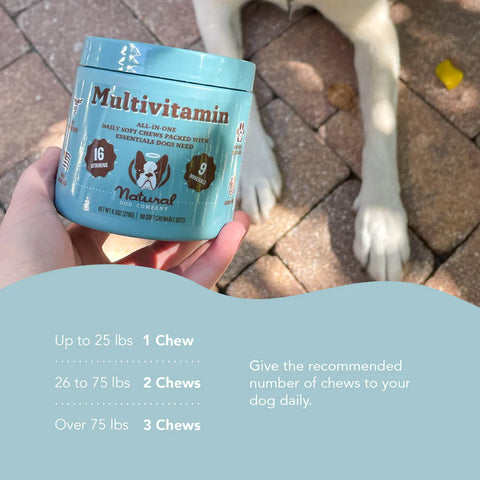 Round out your dog's diet with the all-natural, veterinarian approved Multivitamin supplement. Boost the immune system, support brain and heart health, regulate energy, alleviate joint pain and inflammation, improve skin and coat health, and reduce shedding.