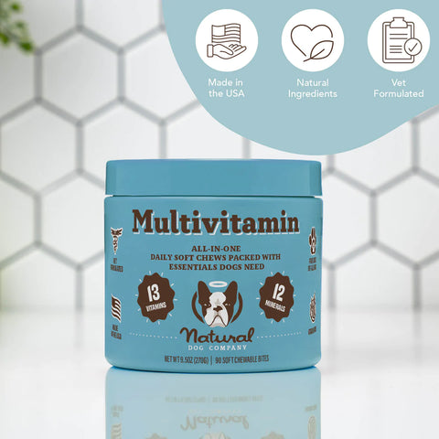 Round out your dog's diet with the all-natural, veterinarian approved Multivitamin supplement. Boost the immune system, support brain and heart health, regulate energy, alleviate joint pain and inflammation, improve skin and coat health, and reduce shedding.