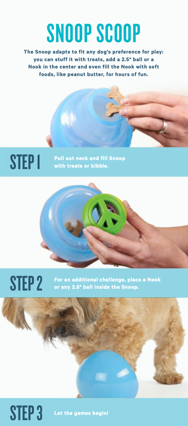 Nook ball is made from the award-winning Orbee-Tuff material, which is 100% recyclable and non-toxic. Ball is durable, bouncy, buoyant, and perfect for tossing, fetching, and bouncing. Stuff with tiny treat bites, nut butter, or cheese. Toy is infused with natural mint oil.