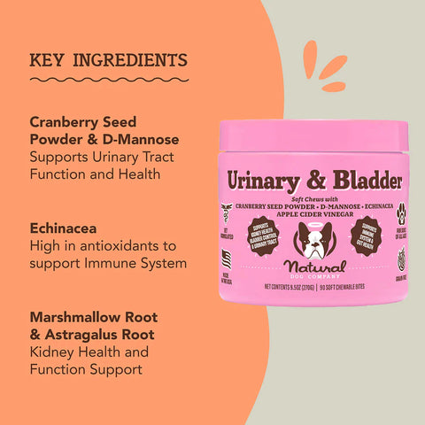 Vet-formulated blend of powerful ingredients that target the bladder and urinary tract and has significant benefits for the immune system and kidney health. Urinary & Bladder supplement is loaded with natural ingredients that work together to promote normal bladder and urinary tract function.