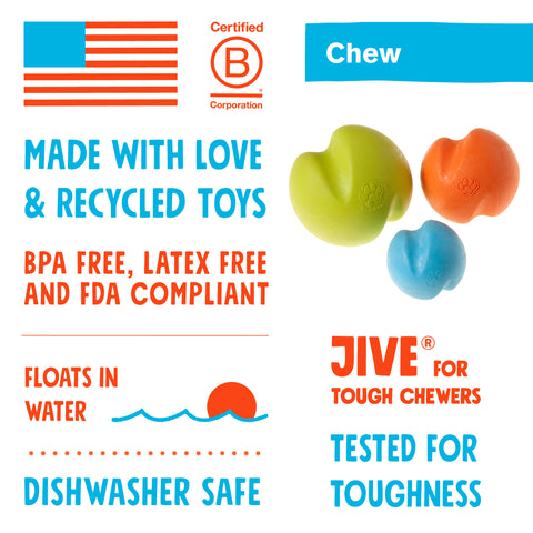 Jive is the toughest of all the West Paw Zogoflex toys. Its erratic bounce makes it fun to fetch and the bright colors make it easy to retrieve in any outdoor situation. The medium size Jive fits in a standard ball thrower.