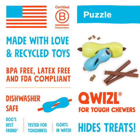 Qwizl is an award-winning toy designed to extend the life of expensive dog treats while keeping your dog busy. The side openings release scent while the continuous interior opening and flexible ridges allow treats to extend out while staying in place. The curved shape makes Qwizl easy for dogs to hold with their paws.