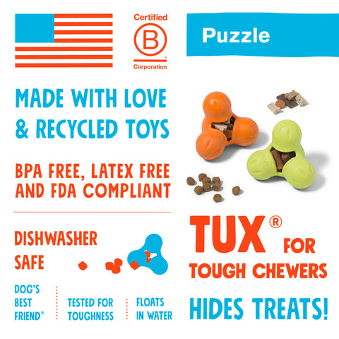 Tux has stood the test of time, and up to some fearsome fangs as West Paw's toughest toy. Dogs love to chew on it, especially when stuffed full of their favorite snacks. Tux is fun to toss, and dogs love its unpredictable bounce during a game of fetch.