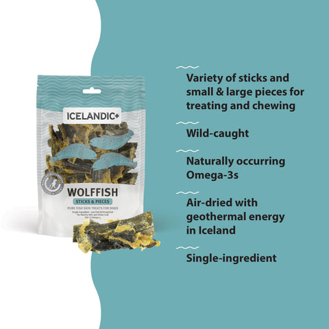 Icelandic+ Wolffish chews are sustainably wild-caught, 100% natural, and free of additives or preservatives. Wolffish skin is very dense, making it a great alternative and nutritious chew that dogs find irresistible.