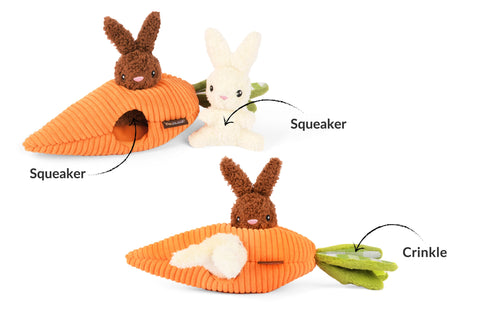 P.L.A.Y. plush dog toys are certified non-toxic, made with durable double-layered fabrics that feature reinforced stitching for extra durability, and are filled with PlanetFill® filler made from 100% post-consumer certified-safe recycled plastic bottles.