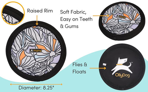 The pup-approved Olly Dog Flyer Disc is made from 100% recycled material that is durable and non-toxic. The soft and lightweight material makes it easy on dog teeth and gums. Ideal for tug-of-war or a game of fetch on land or water.