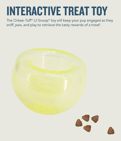 Lil' Snoop is a translucent and pliable ball with a deep crevice that conceals treats. Dogs will need to pounce, nudge, nose, and nibble the ball to release the treats hidden inside. This treat dispensing puzzle toy keeps dogs engaged, drives brain stimulation, and promotes self-play.