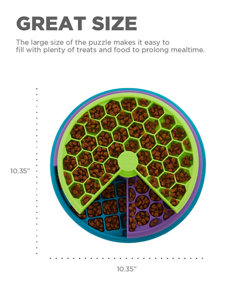 The Lickin' Layer puzzle game has three layers of food compartments that dogs need to navigate through by spinning each one to reveal the treats. Puzzle has over 100 treat compartments to keep your dog busy and engaged, and is large enough to use as a slow feeder.
