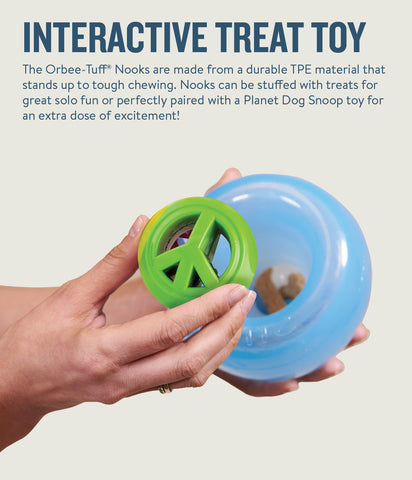Nook ball is made from the award-winning Orbee-Tuff material, which is 100% recyclable and non-toxic. Ball is durable, bouncy, buoyant, and perfect for tossing, fetching, and bouncing. Stuff with tiny treat bites, nut butter, or cheese. Toy is infused with natural mint oil.