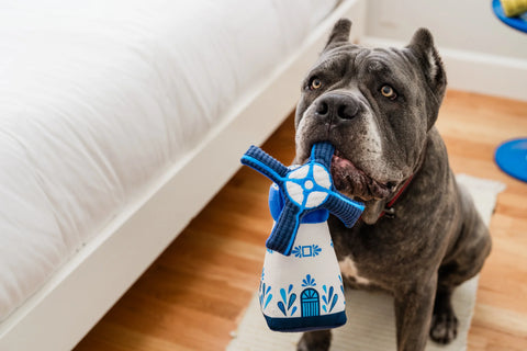 P.L.A.Y. plush dog toys are certified non-toxic, made with durable double-layered fabrics that feature reinforced stitching for extra durability, and are filled with PlanetFill® filler made from 100% post-consumer certified-safe recycled plastic bottles.