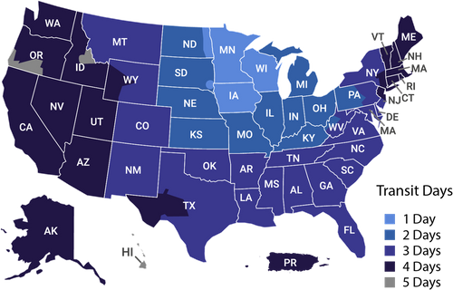 Free shipping map - ground shipping delivery times