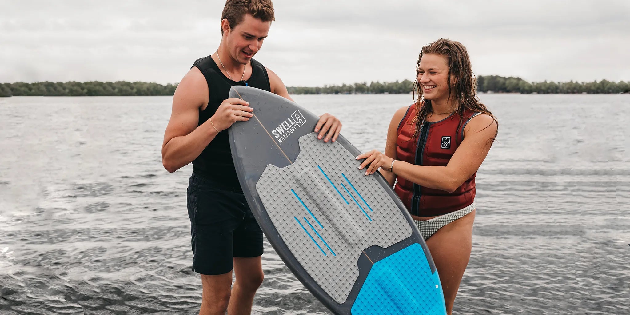 swell wakesurf skim board boy and girl