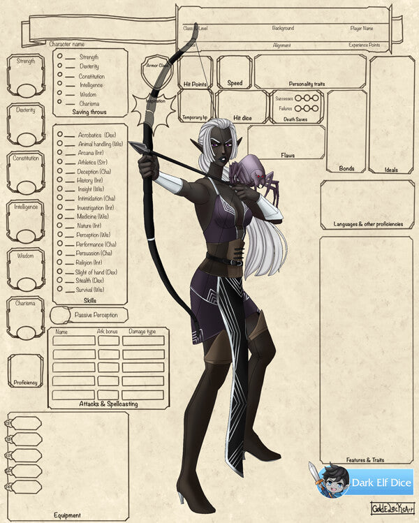 Free Dnd 5e Character Sheets Custom Art Download And Print Dark Elf Dice