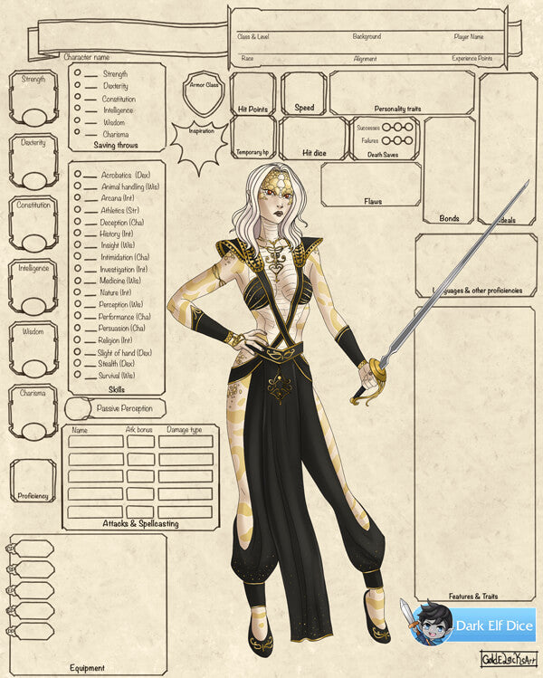 Free Dnd 5e Character Sheets Custom Art Download And Print Dark Elf Dice